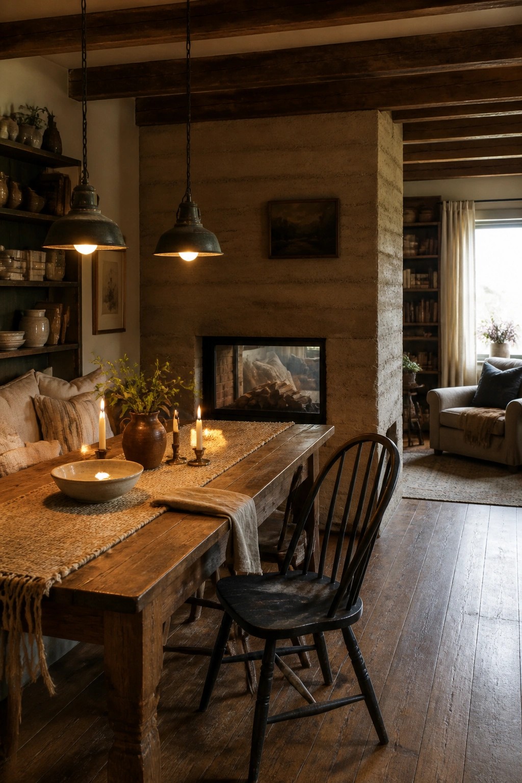 A rustic dining room featuring a large rammed earth fireplace with a lit firebox, wooden table, and hanging pendant lights.