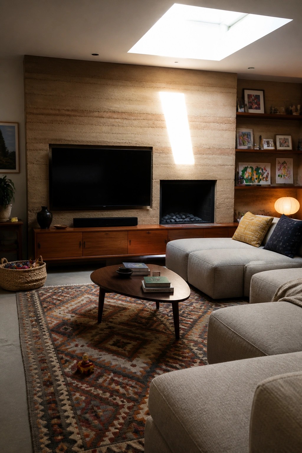 A living room featuring a television mounted on a rammed earth wall above a fireplace, with a wooden console below and a sectional sofa nearby.