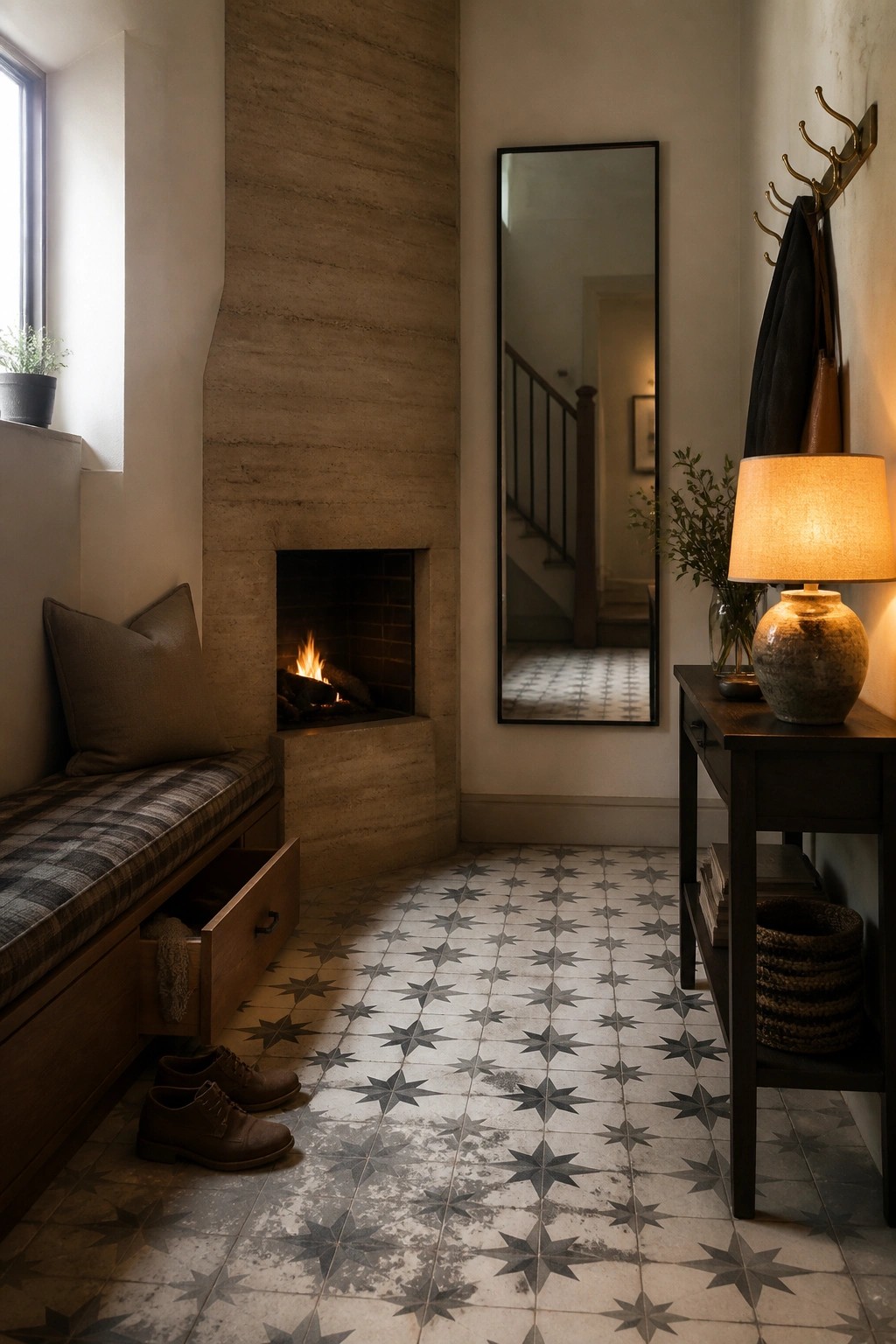 A tall rammed earth fireplace set into a textured wall above a wooden storage bench with a plaid cushion, next to a patterned tile floor and a full-length mirror.
