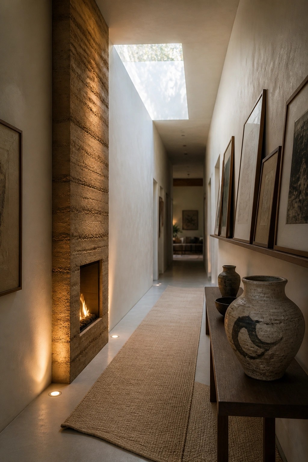 A long interior hallway with a tall rammed earth wall containing a built-in fireplace on the left side, a woven runner on the floor, and a wooden bench with pottery on the right.