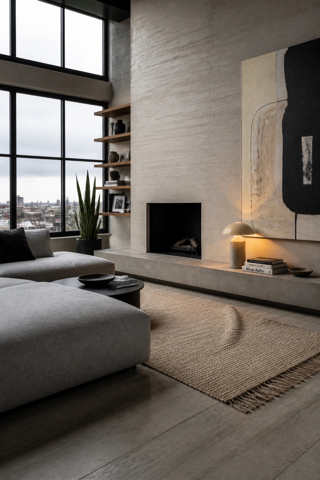 A modern living room with a tall rammed earth fireplace wall, dark firebox opening, large window on the left, gray sectional sofa, and abstract wall art to the right of the fireplace.