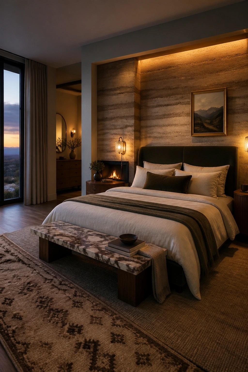 A bedroom with a large bed in front of a textured rammed earth wall that contains a built-in fireplace.