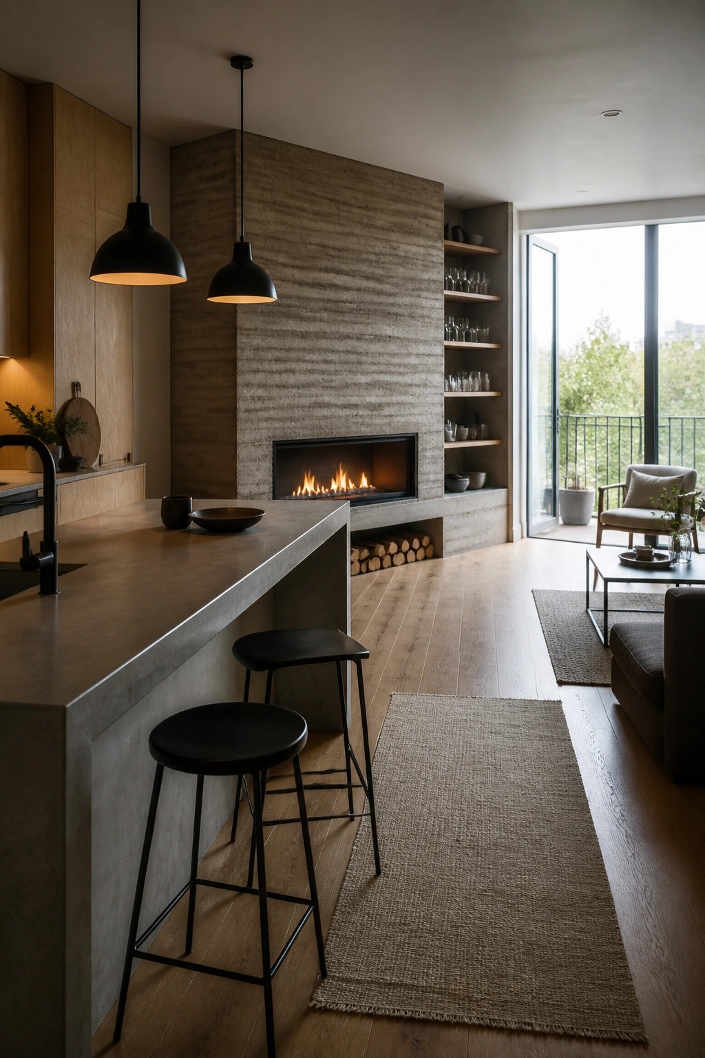 A kitchen interior showing a rammed earth wall with a built-in fireplace, concrete island with black stools, and wood flooring.