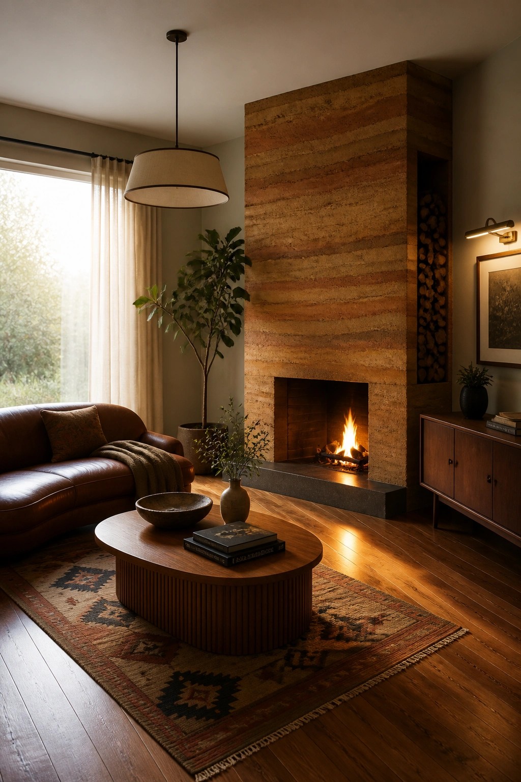 A living room centered on a tall rammed earth fireplace with a lit fire, layered earth tones, and an integrated wood storage niche to the right.