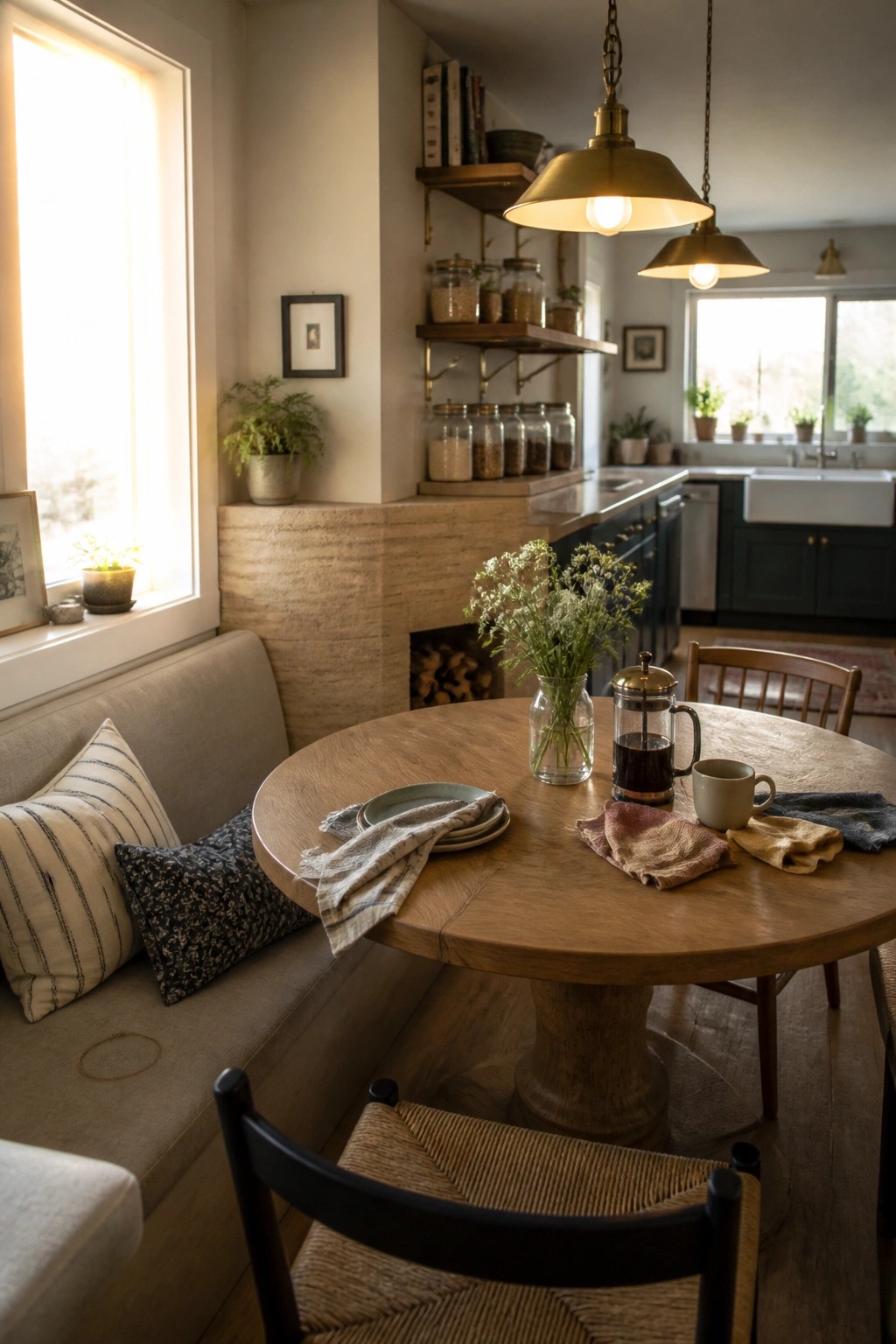 A round wooden table with a coffee setup sits in front of a rammed earth fireplace beside a built-in upholstered bench with pillows.