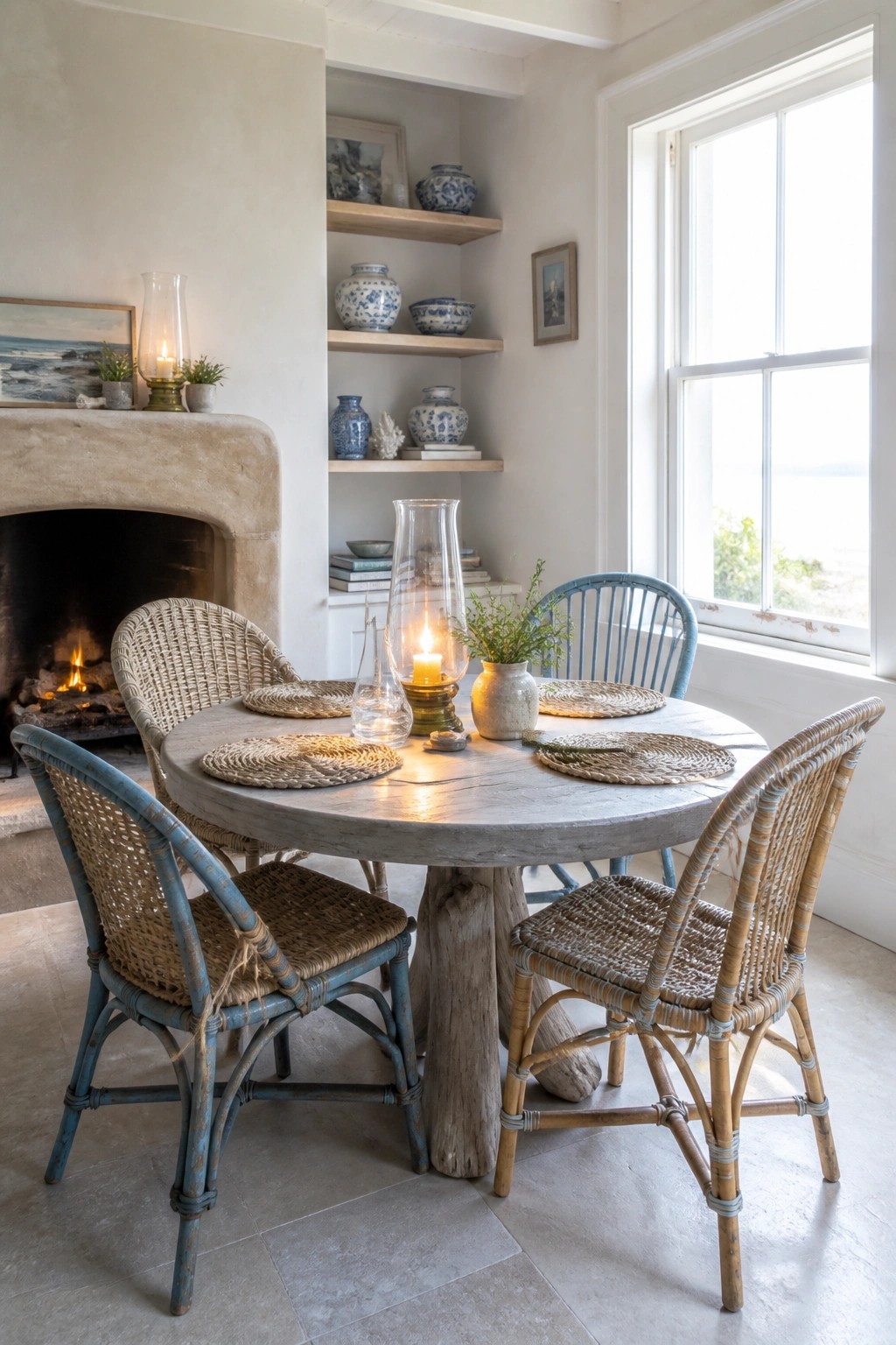 A round dining table with woven chairs sits in front of a large rammed earth fireplace in a bright room with shelves and a window.