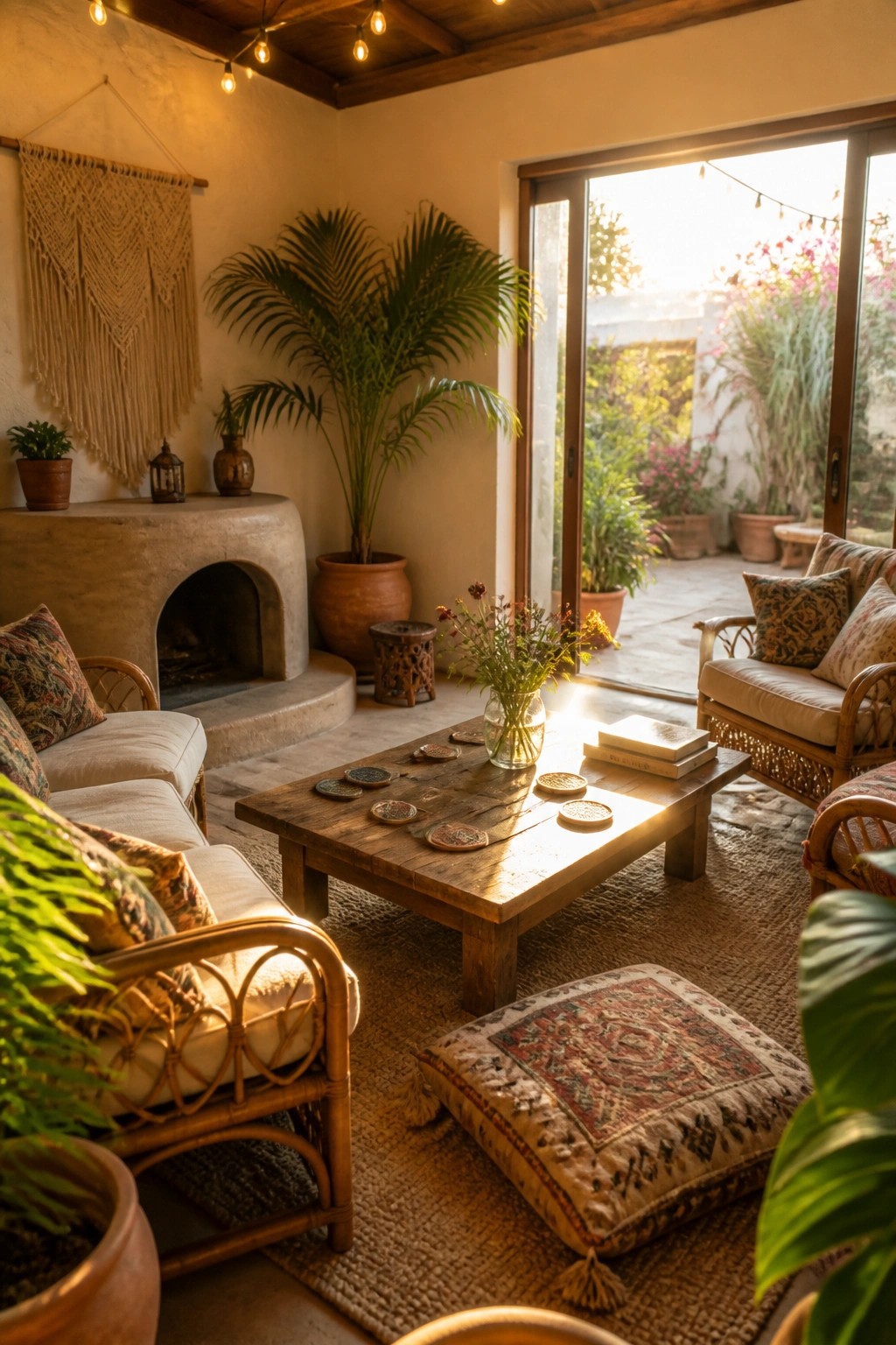 A living room with a curved rammed earth fireplace, rattan seating, a wooden coffee table, and large potted plants near an open doorway.