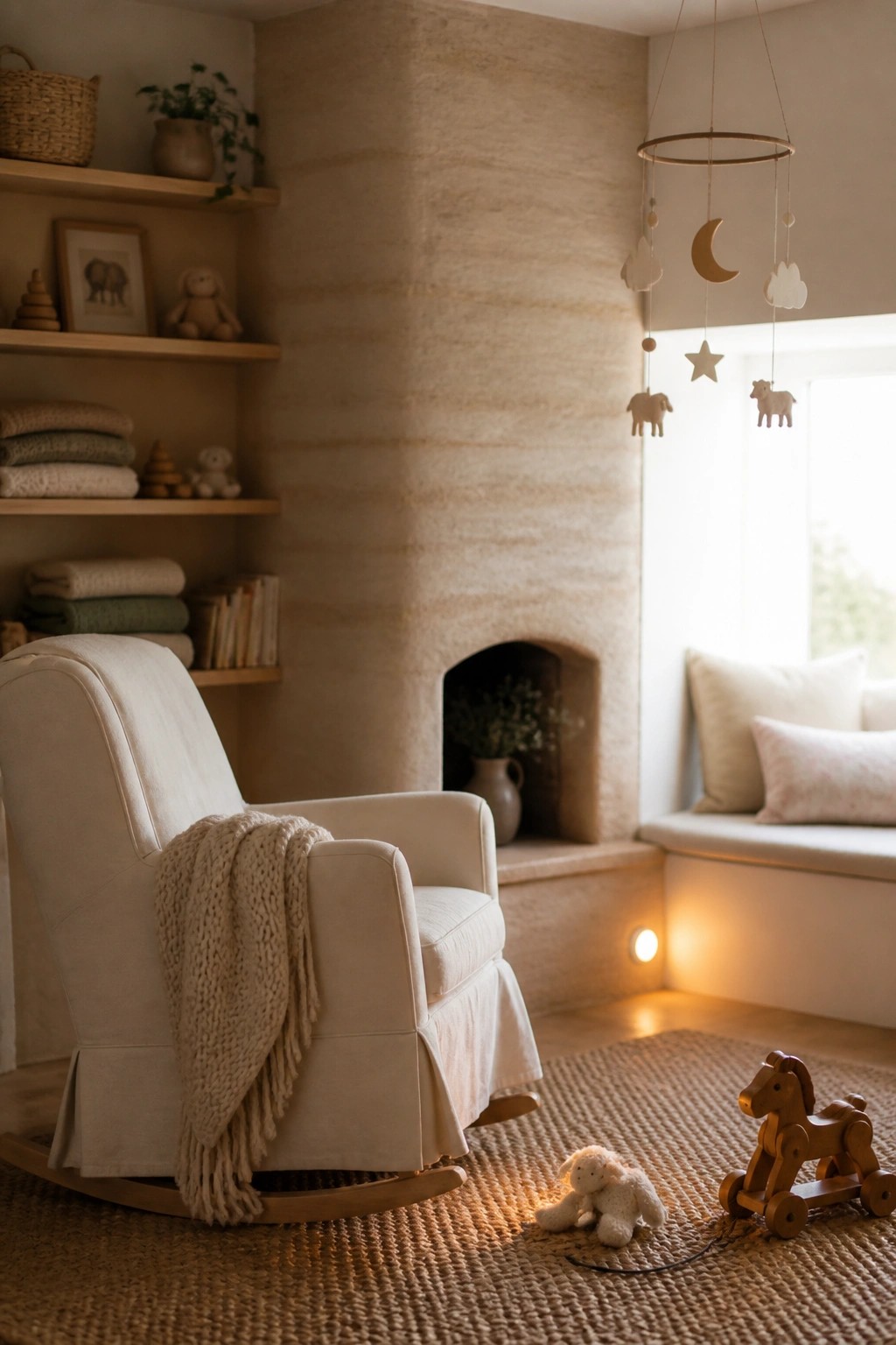 A room with a large rammed earth fireplace, a white rocking chair draped with a knit blanket, built-in shelves with folded textiles, and a woven rug holding a wooden toy horse and small stuffed animal.