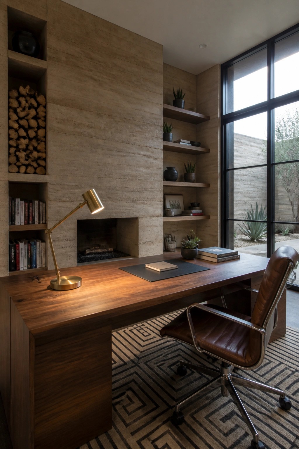A home office with a rammed earth wall containing a fireplace, wooden desk, brass lamp, and brown leather chair on a patterned rug.