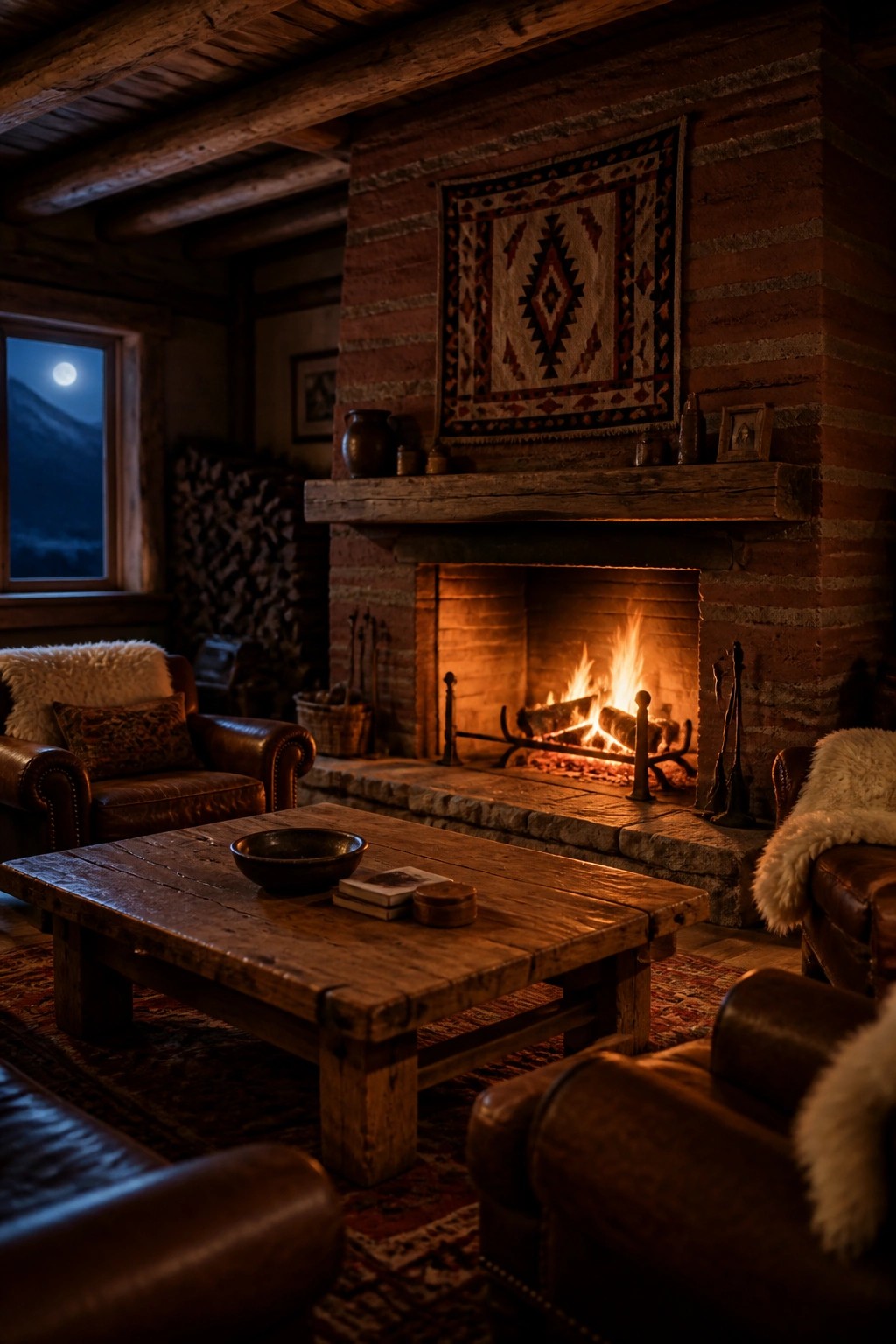 A living room with a large rammed earth fireplace, burning fire, wooden mantel, leather armchairs, and a wooden coffee table on a patterned rug.