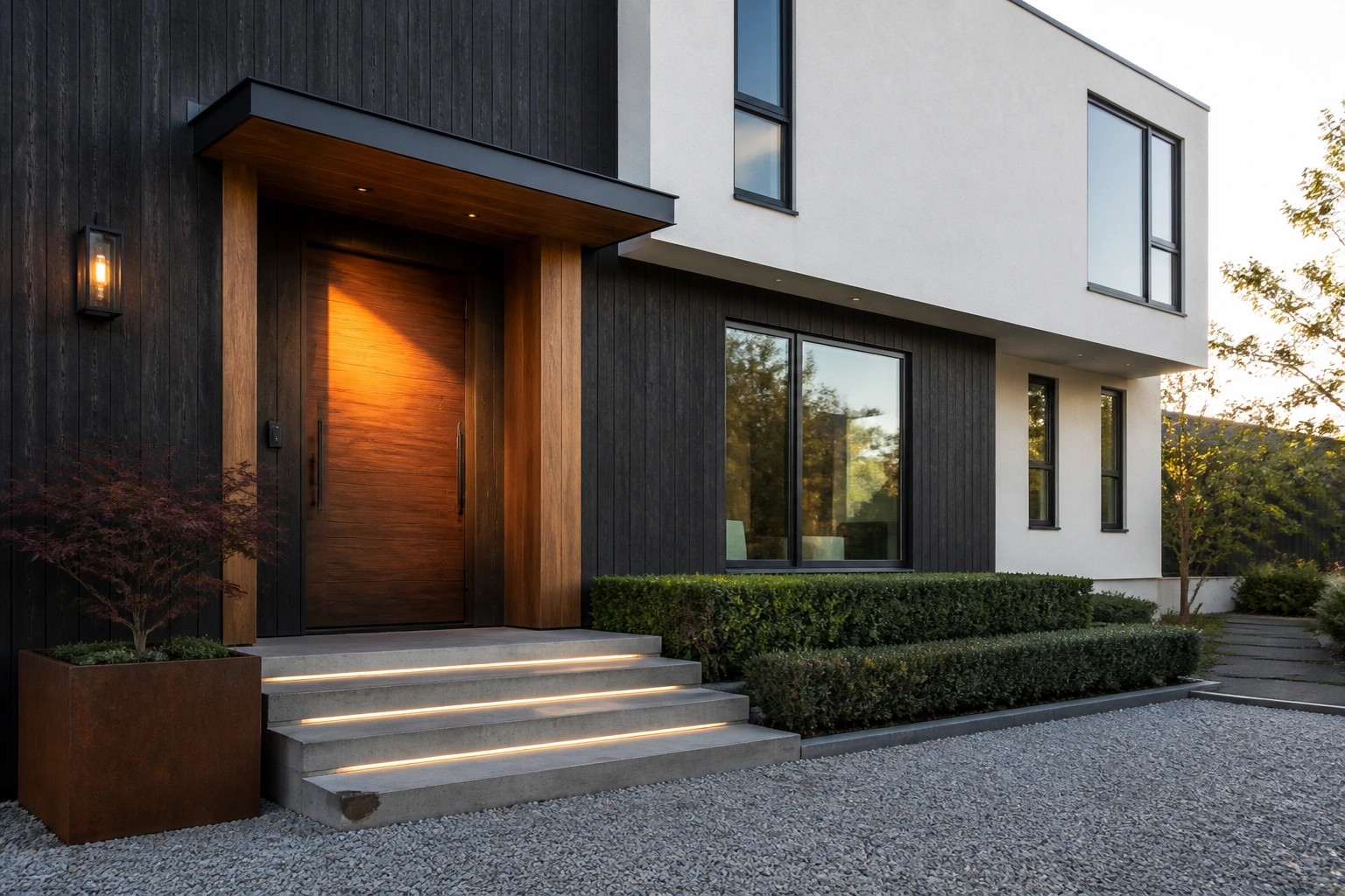Modern dark wood house with wooden door, illuminated steps, and rusted planter.
