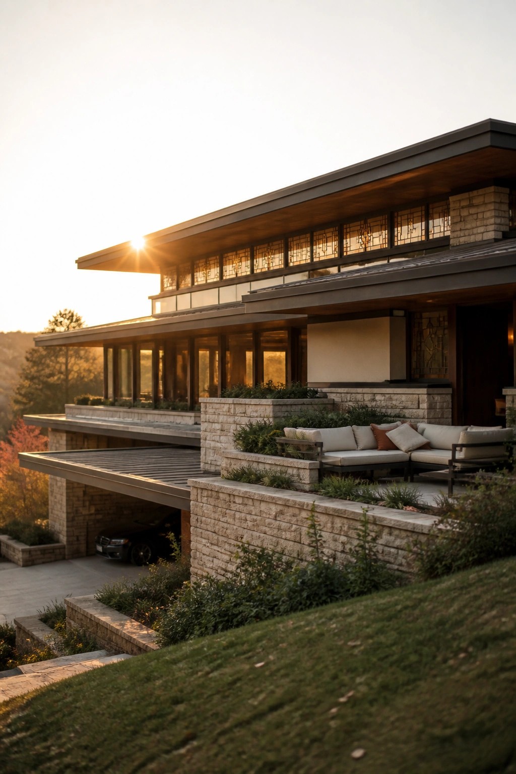 A multi-level modern house with horizontal rooflines, stone walls, wood trim, large windows, and an outdoor seating area on a hillside at sunset.