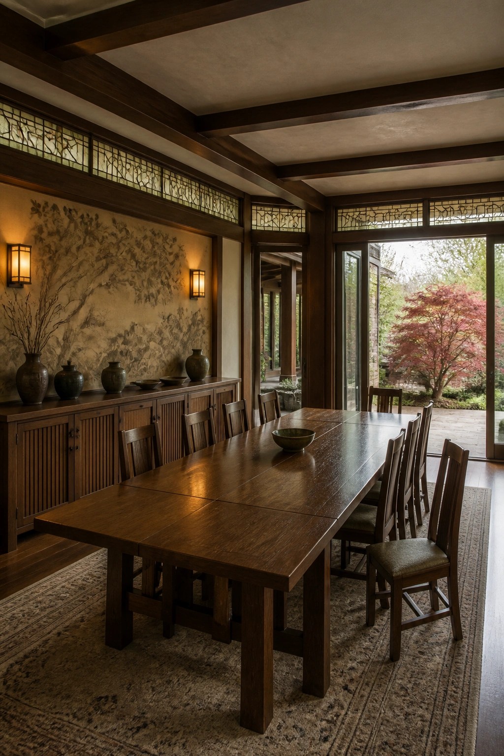 A long dark wood dining table with chairs sits on a rug in a room with built-in wooden cabinets along the left wall, a large mural above them, and glass doors on the right.