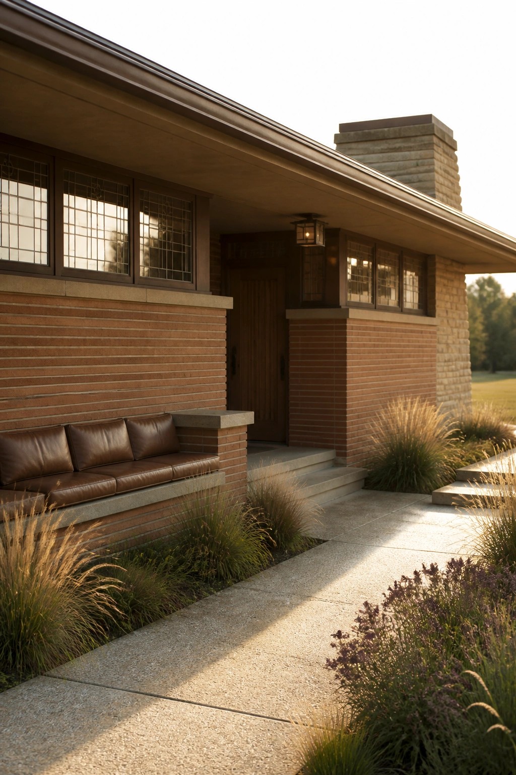A brick house exterior with a built-in brown leather bench beneath a row of windows next to the front door and a stone chimney.