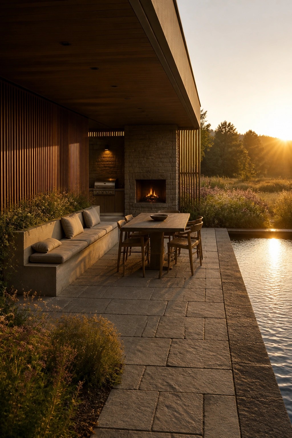 A modern stone patio with a built-in concrete bench, wooden dining table and chairs, a stone fireplace, and a pool at sunset.