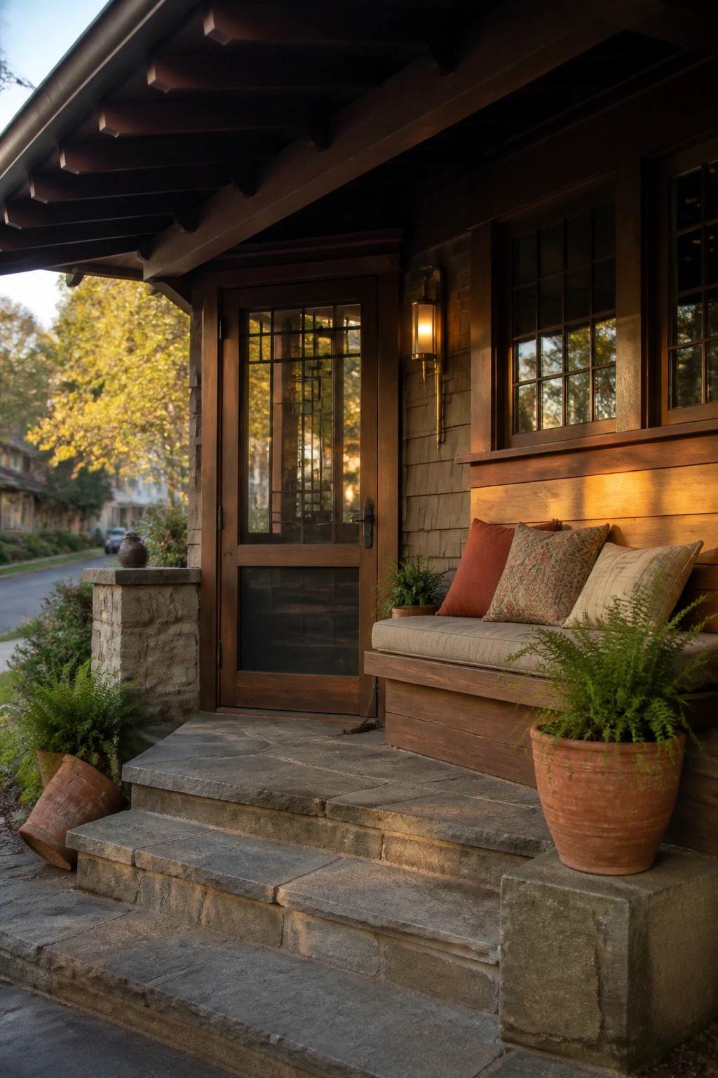 Sunlit wooden porch with stone steps, cushioned bench, pillows, and potted ferns