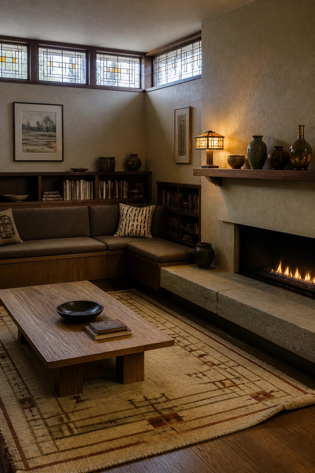 A living room corner with built-in wooden bench seating, integrated bookshelves, a stone fireplace, and stained glass windows above.