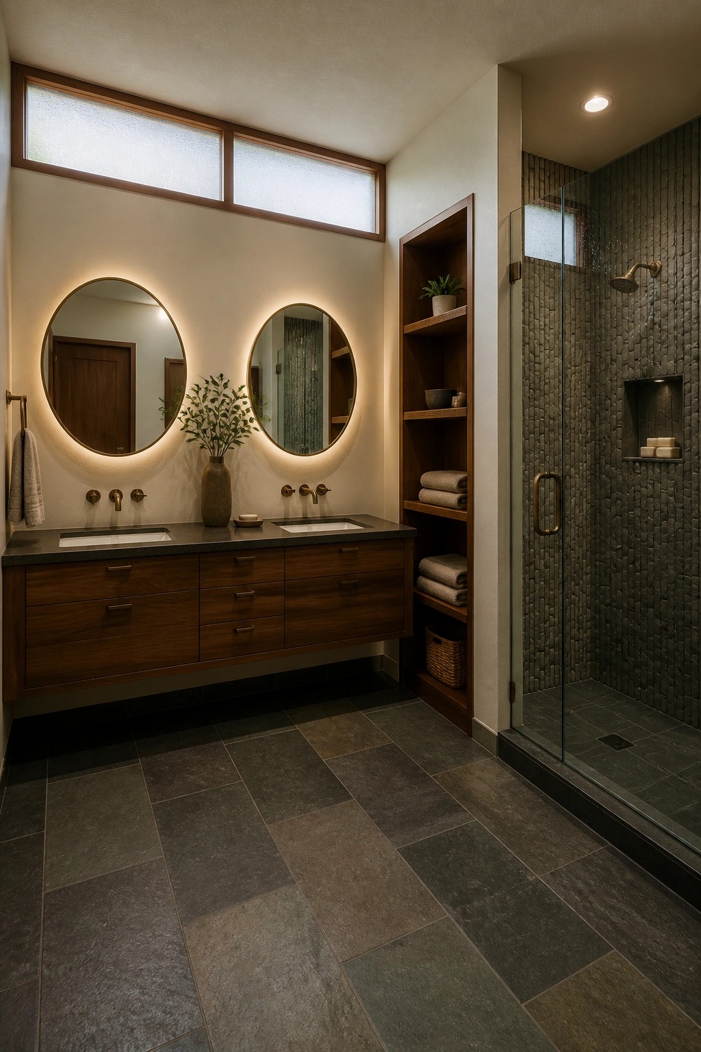 A modern bathroom interior with a floating wood vanity, two round backlit mirrors, a tall built-in shelving unit, and a glass-enclosed shower with dark tile.