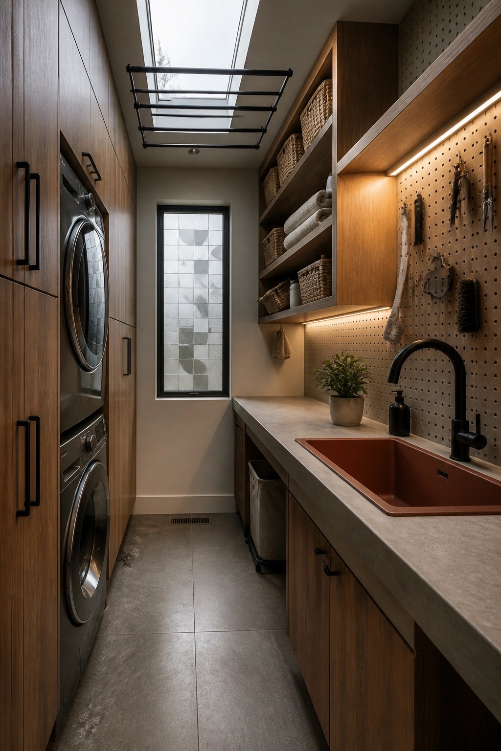 A narrow interior laundry room with wood cabinetry, stacked washer and dryer, concrete countertop and sink, open shelves holding baskets and towels, a pegboard wall with hanging tools, and a skylight overhead.