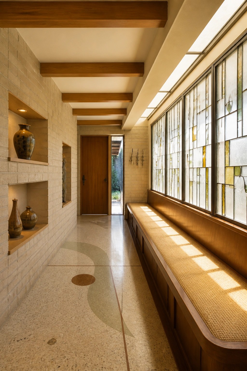 Sunlit hallway with brick walls, stained glass windows, wooden bench, and pottery niches.