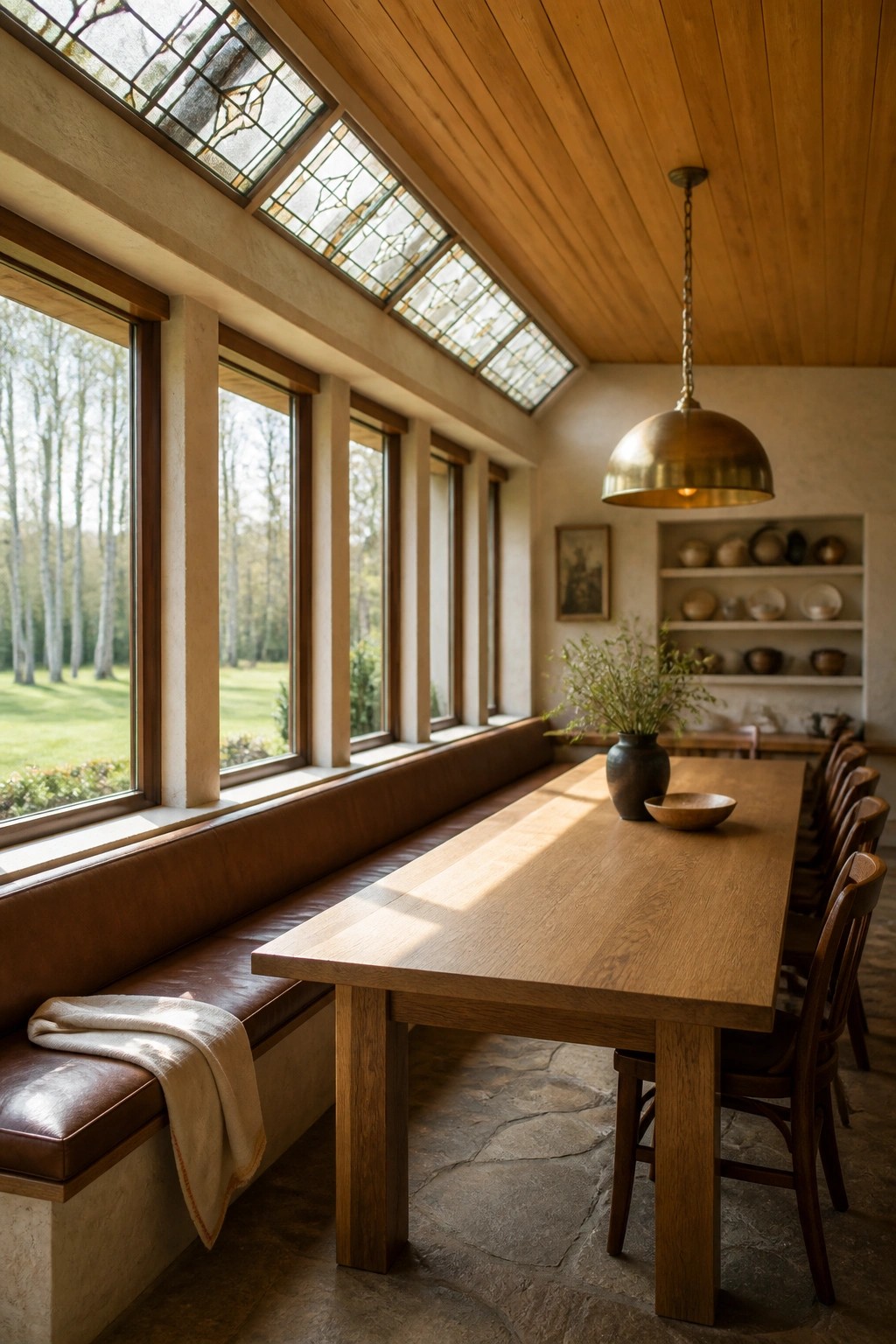 A long wooden dining table sits beside a continuous brown leather bench under a row of windows, with wooden chairs on the opposite side and a brass pendant light overhead.
