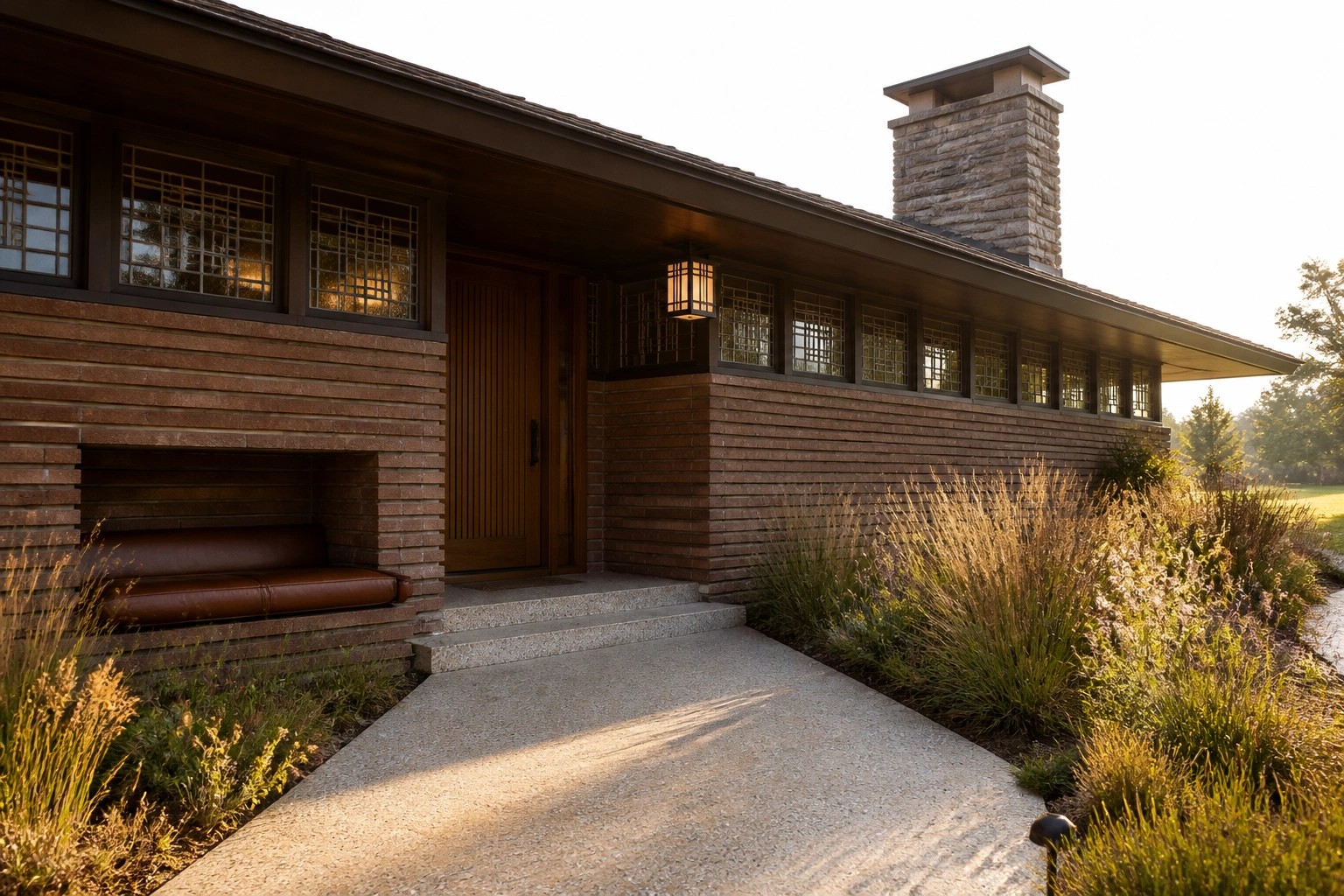 A brick house exterior with a built-in brown leather bench beneath a row of windows next to the front door and a stone chimney.