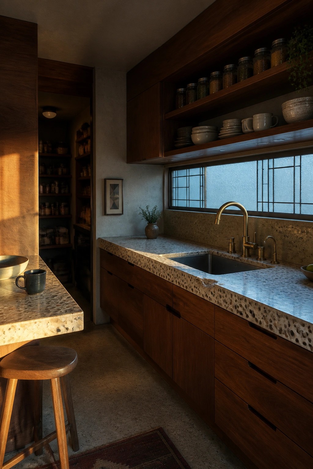 Dark wood kitchen with terrazzo counters, sink, open shelves, and stool.