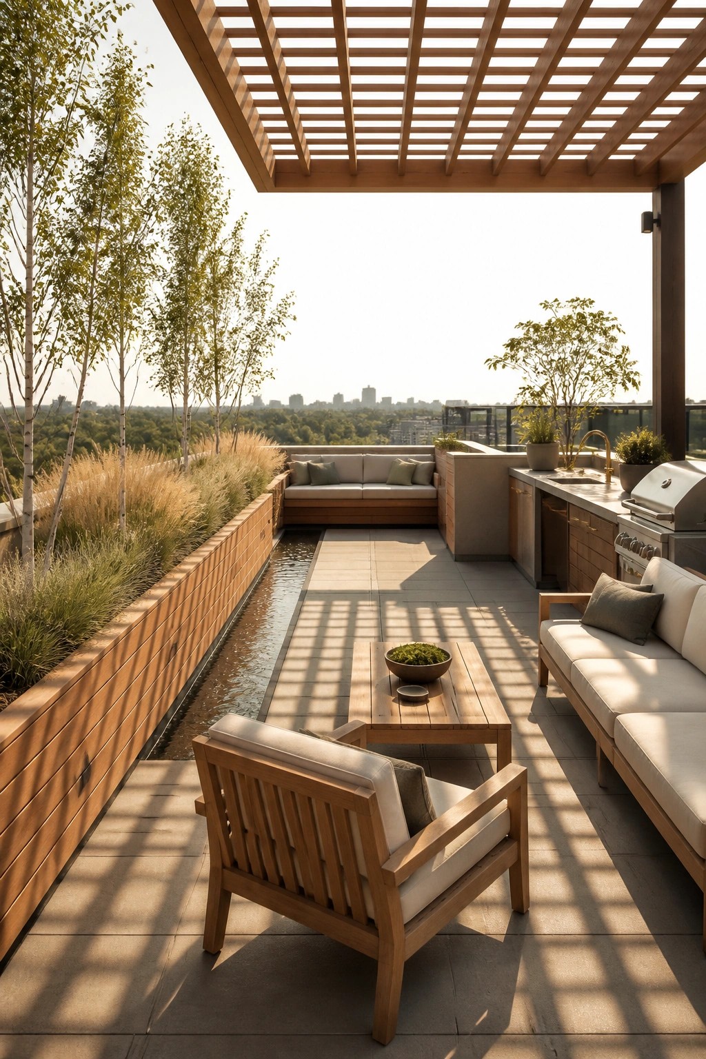 Rooftop terrace with wooden pergola overhead, built-in sofa seating, an outdoor kitchen, a central water feature, and surrounding trees under bright daylight.