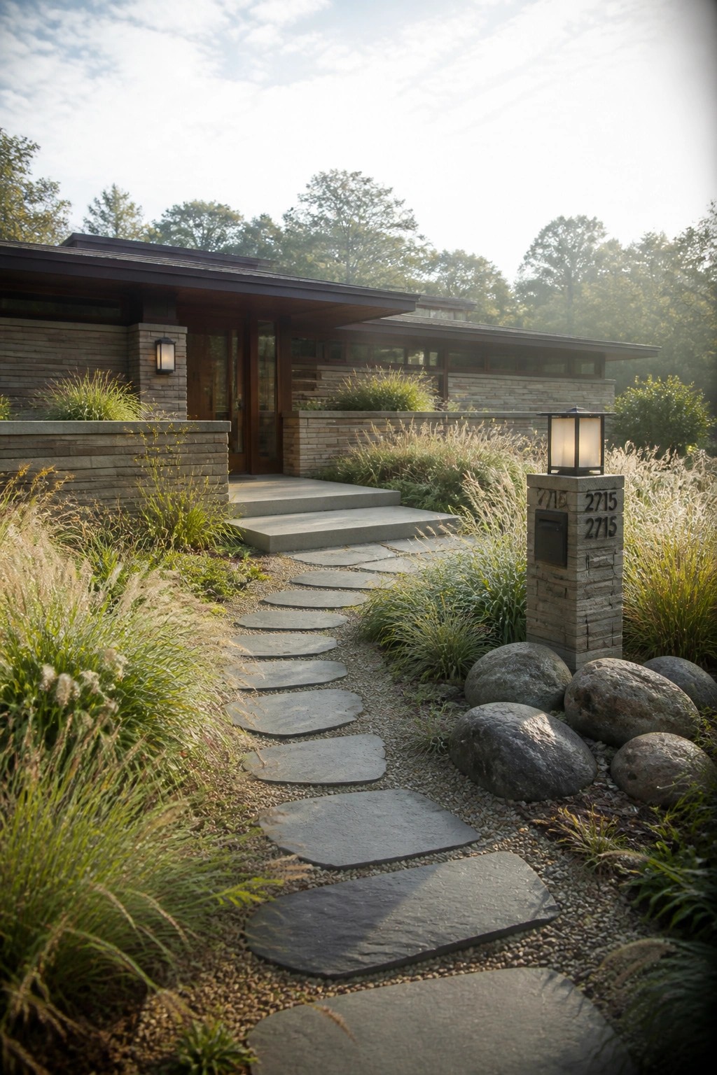 Stone pathway to modern house beside lantern-topped address pillar amid landscaping