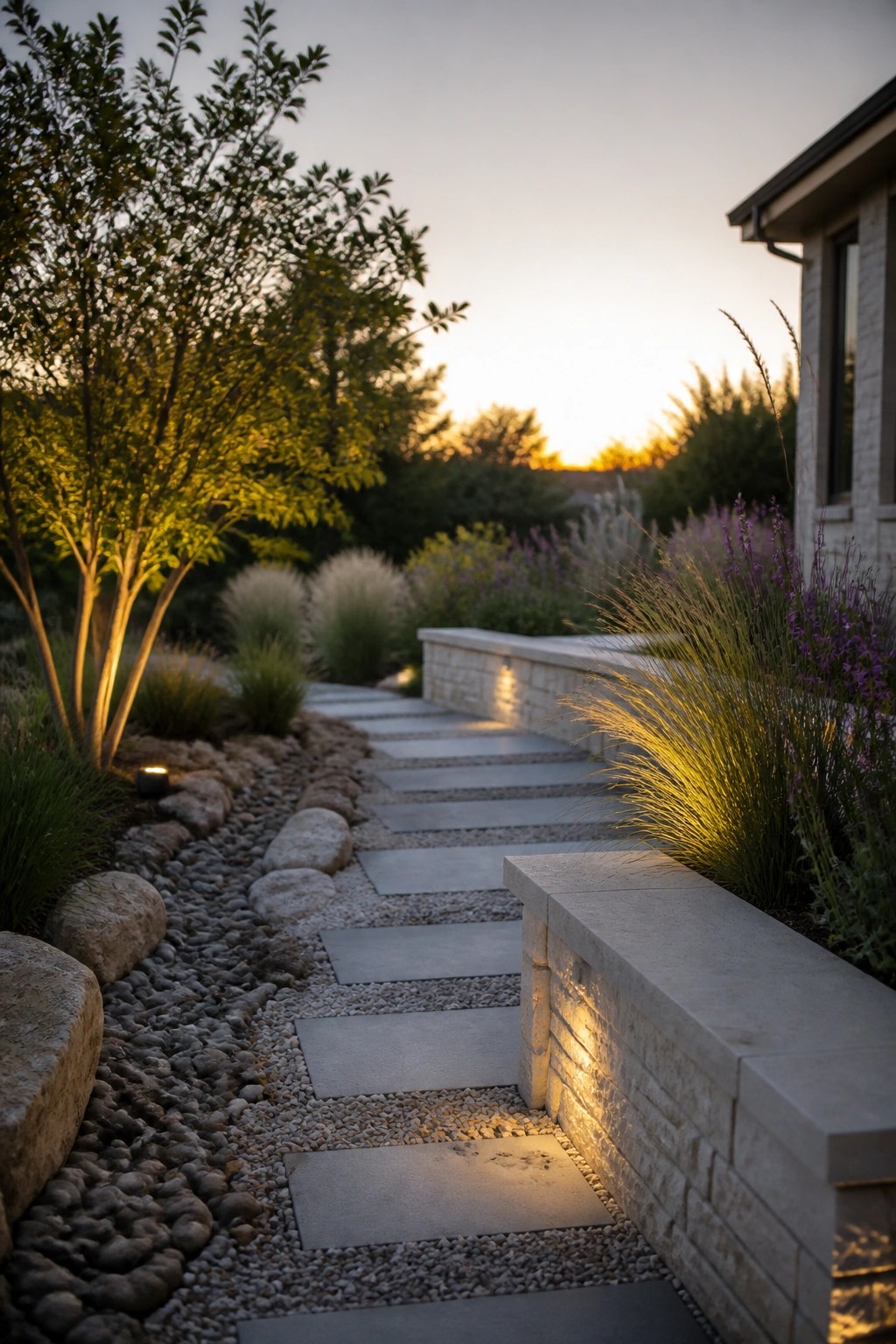 Illuminated stone steps wind through a landscaped garden with purple flowers at sunset.