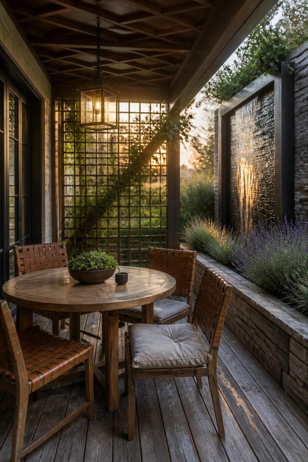 Rustic wooden patio table with woven chairs beside stone waterfall at sunset