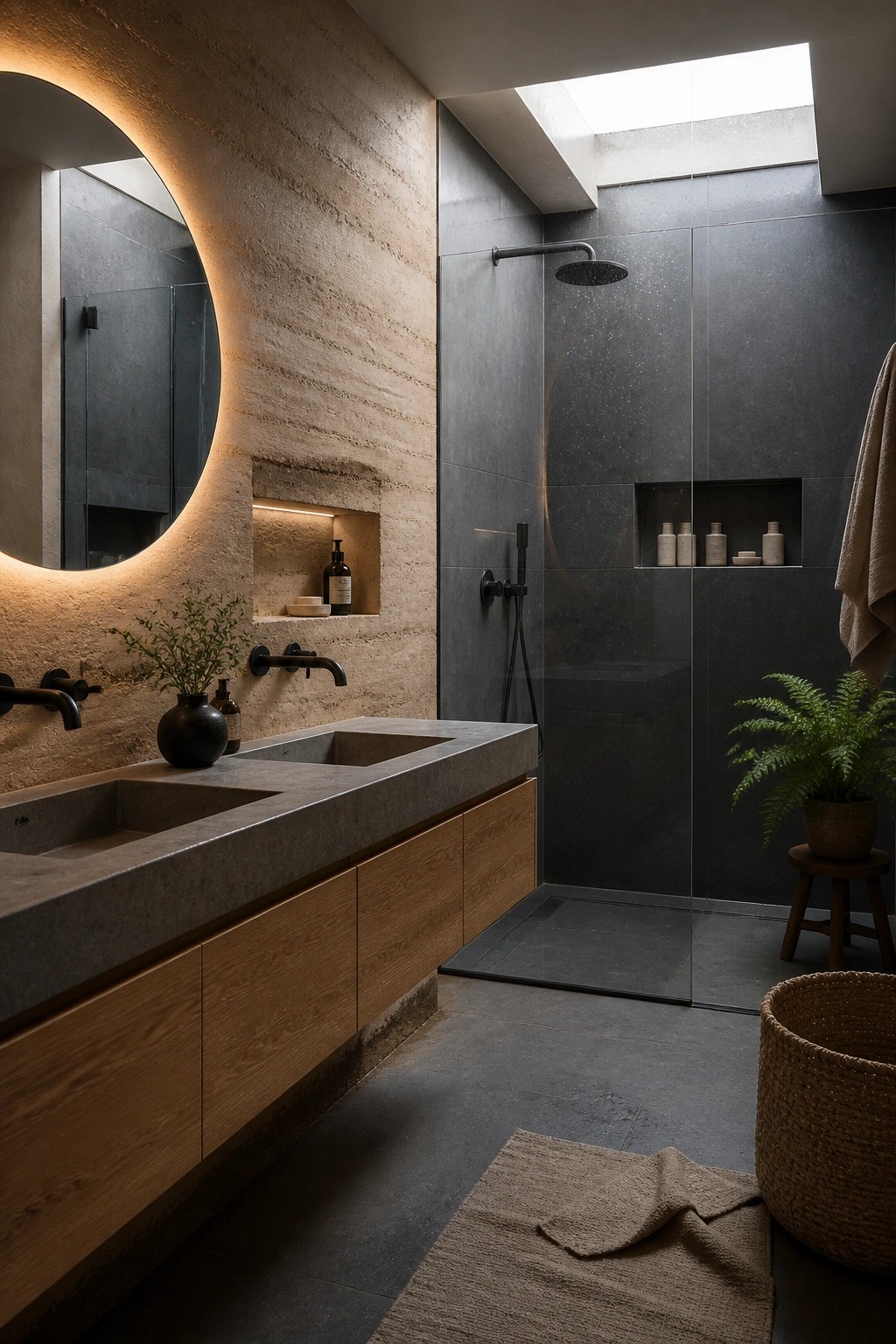 A bathroom with a large rammed earth wall, backlit round mirror, concrete double vanity with wood base, and an open shower area with dark tiles and recessed niches.