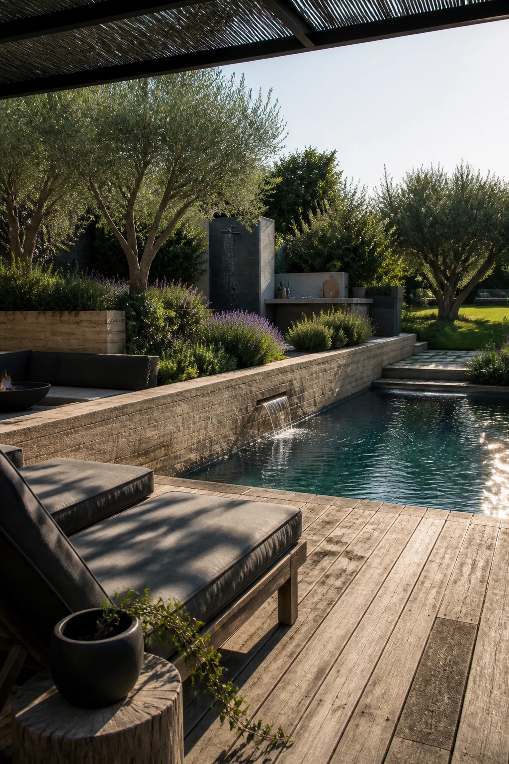 An outdoor pool bordered by a textured rammed earth wall with a water spout, wooden decking, and lounge seating in front of trees and shrubs.