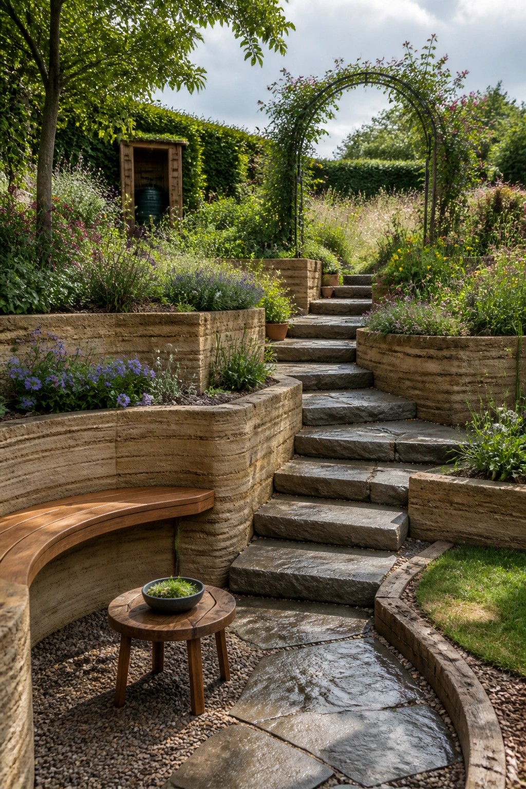 A garden path of irregular stone steps winds between curved rammed earth walls planted with flowers and shrubs, with a small round wooden table holding a bowl in the foreground.