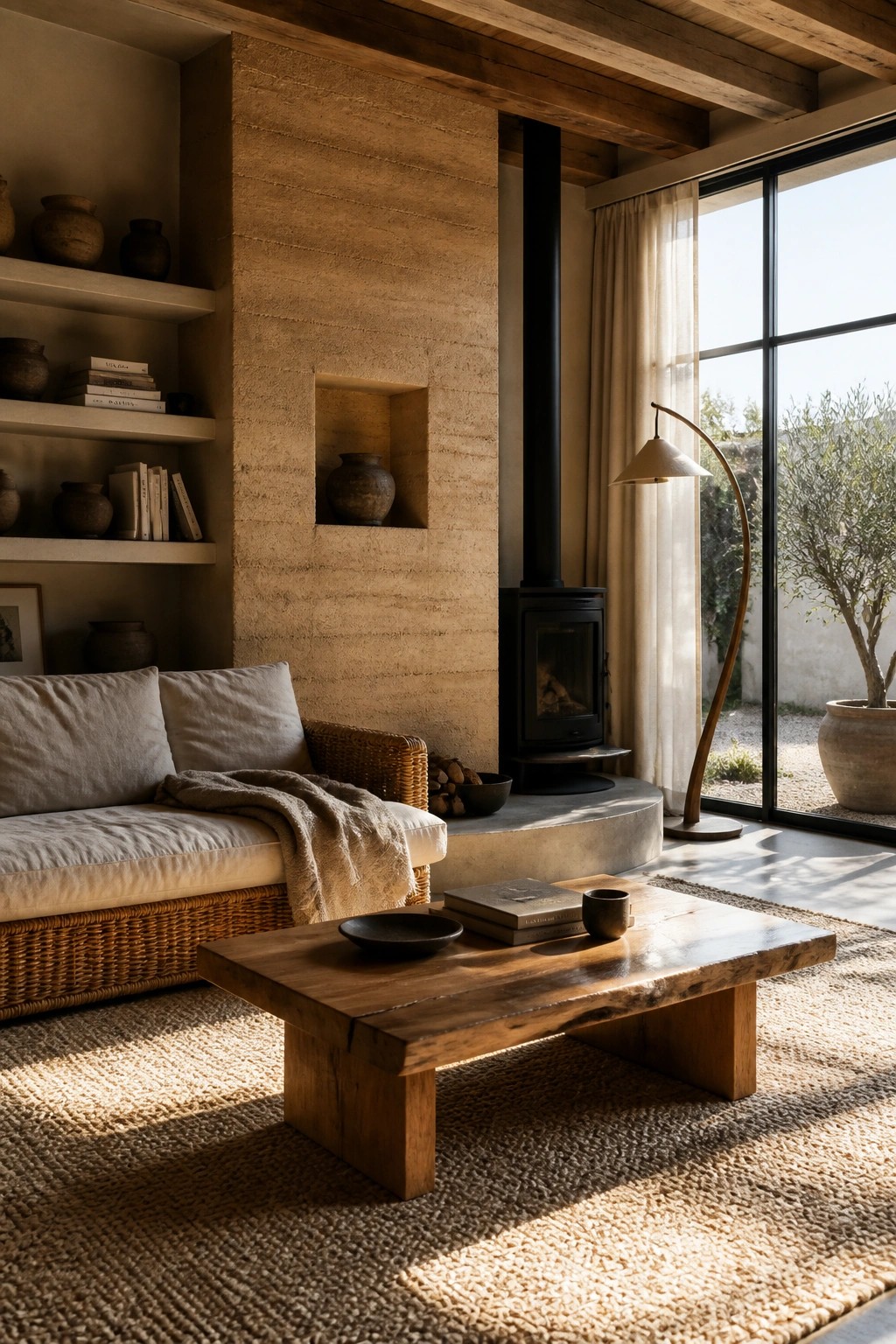Living room interior with textured rammed earth walls, built-in niches, a woven sofa, wooden coffee table, and black wood stove beside large glass doors.