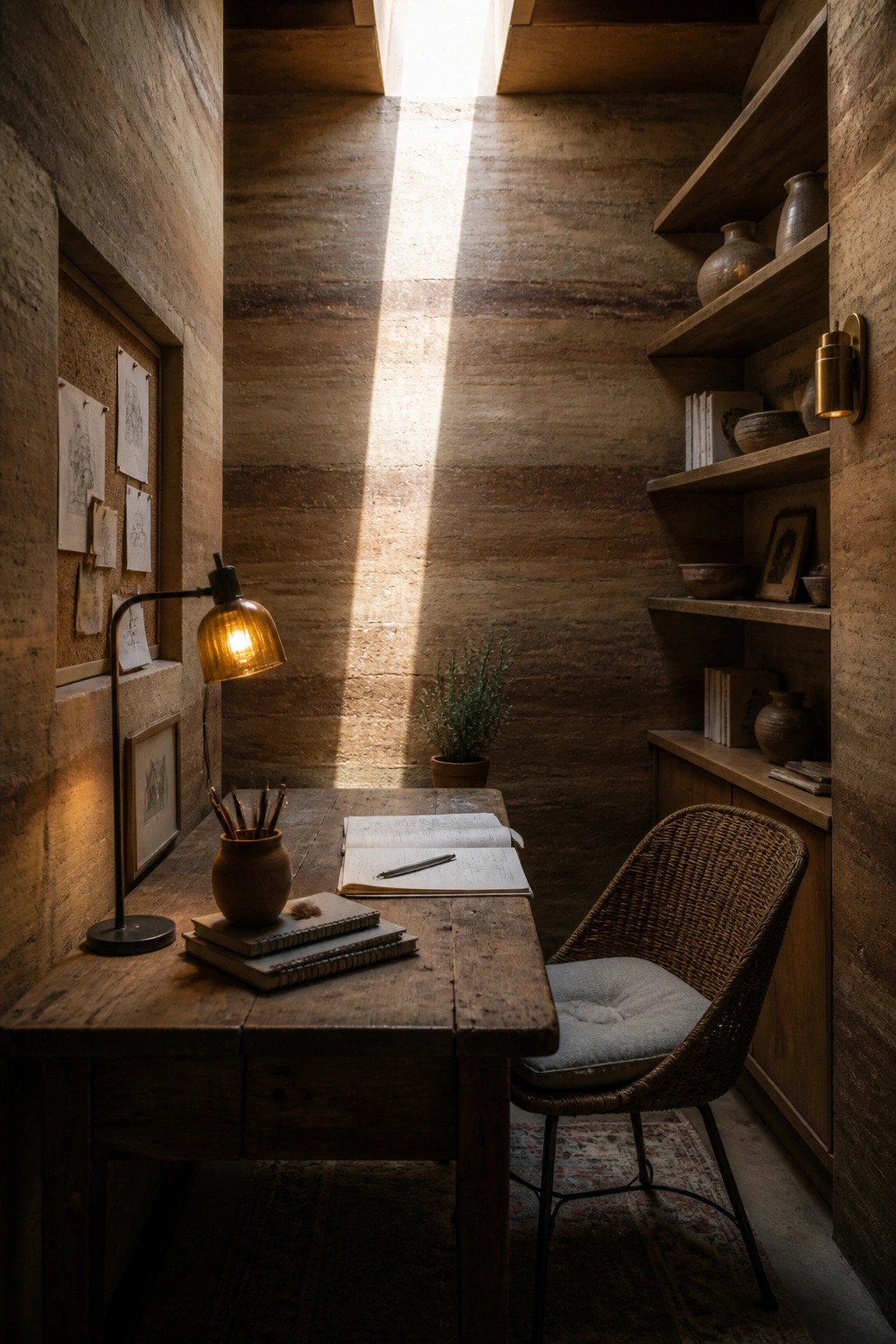 A narrow interior workspace with rammed earth walls, a wooden desk, woven chair, desk lamp, open notebook, and built-in wooden shelves holding pottery and books.