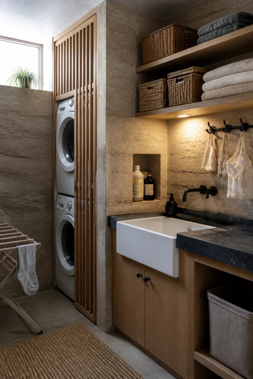 A laundry room with rammed earth walls, stacked white washing machines behind vertical wooden slats, a white sink set into wooden cabinetry, and open wooden shelves holding woven baskets and folded towels.