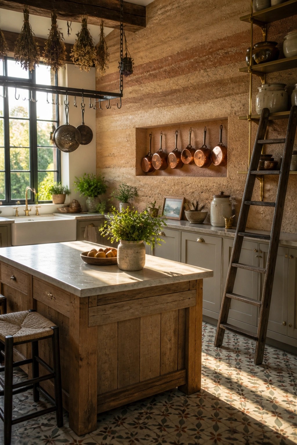 A rustic kitchen with a wooden island, a large rammed earth wall featuring a recessed niche with copper pans, and a window with hanging dried herbs.