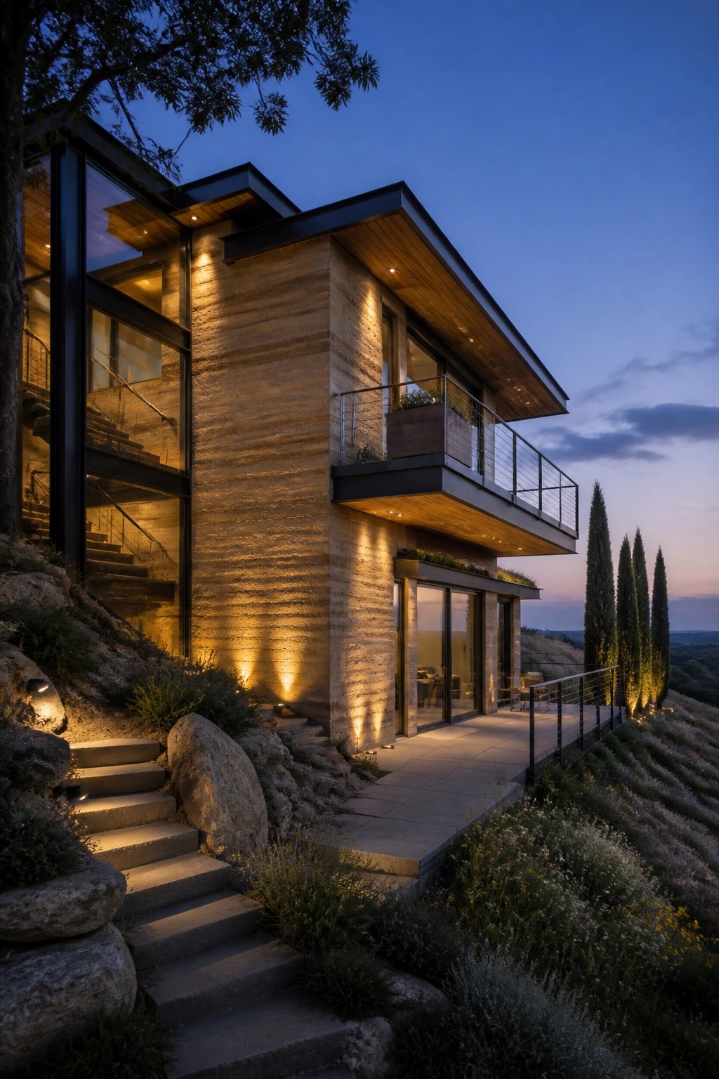 A modern multi-level house with prominent rammed earth walls, large glass windows, a cantilevered balcony, and a stone patio set on a rocky hillside at dusk.