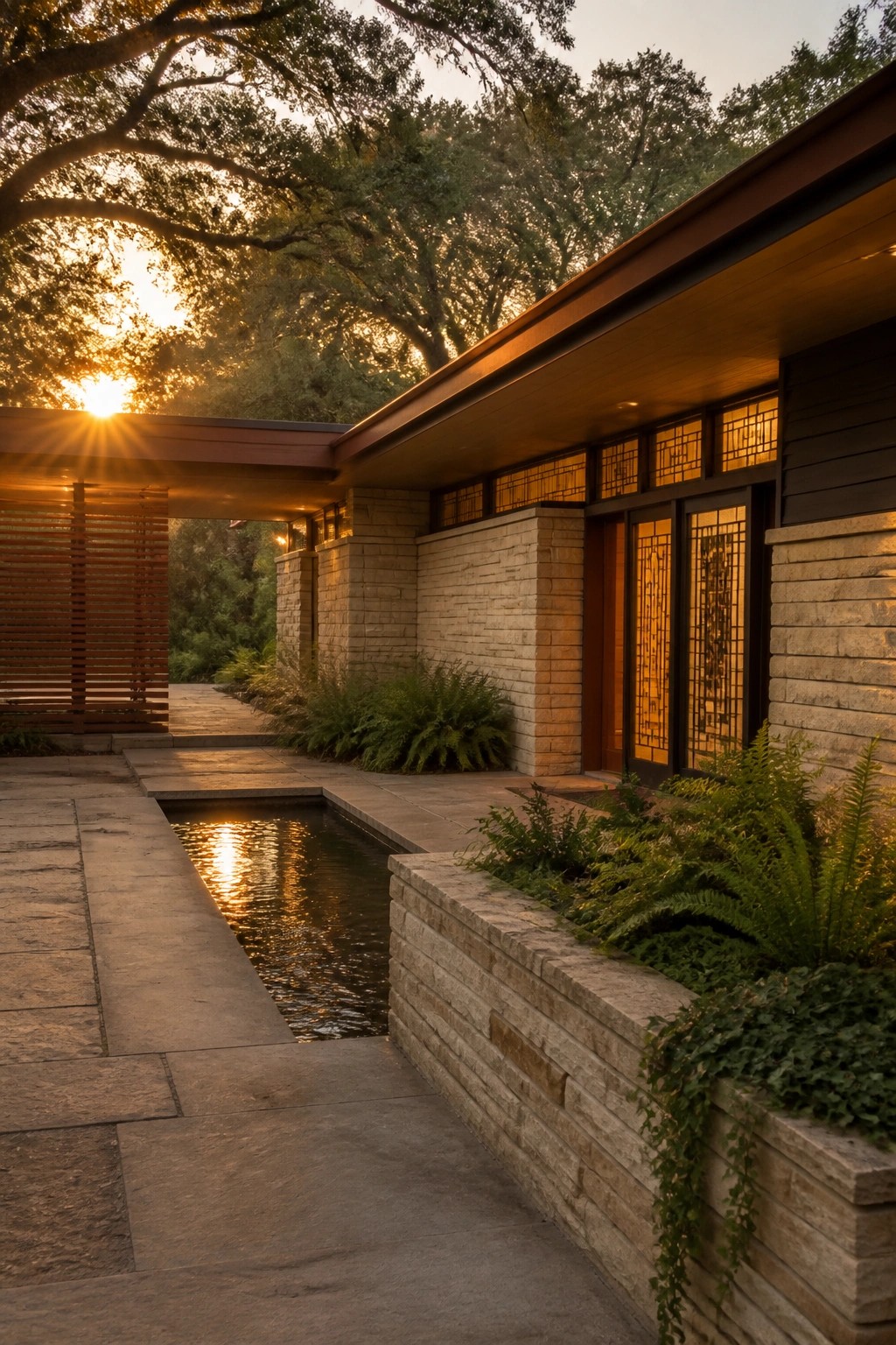 Modern stone house with glowing windows beside a reflecting pool at sunset