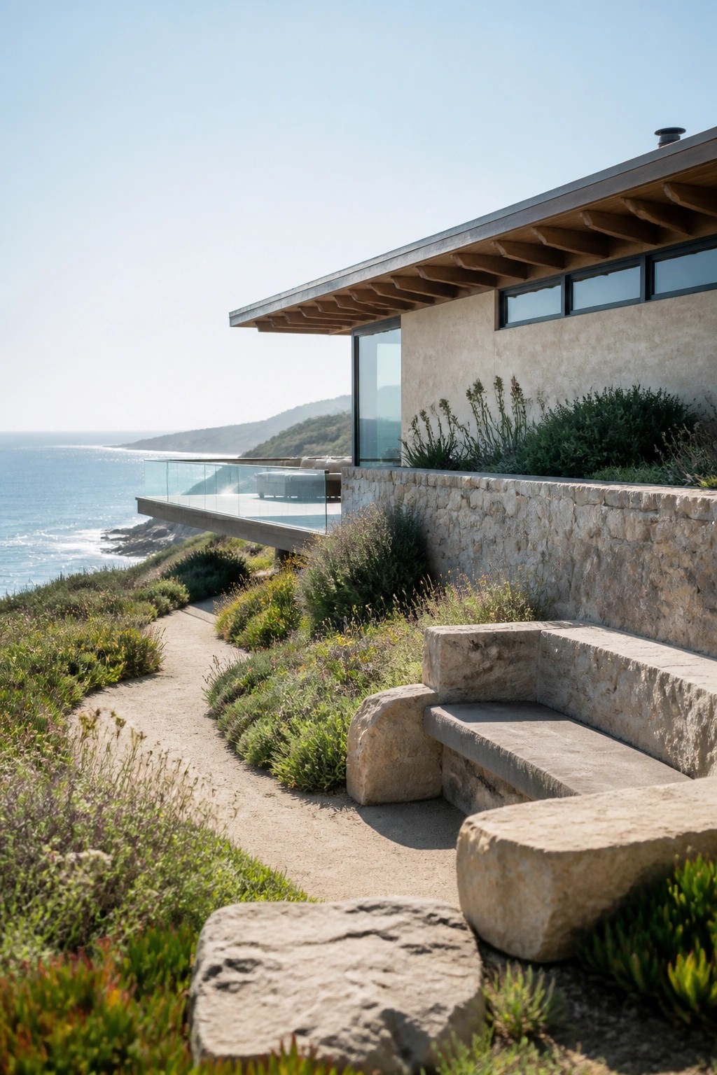 A modern house with a large cantilevered balcony and glass railing sits above a rocky coastline, with stone retaining walls, steps, and native plants in the foreground.