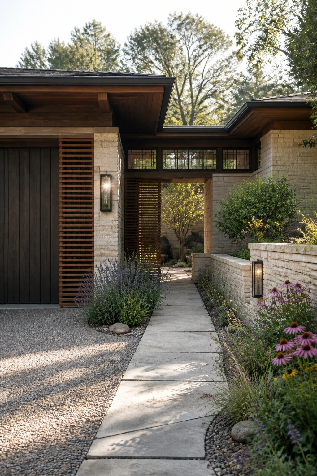 A modern house exterior with stone walls, dark wood siding, a concrete path leading under an opening in the structure, and gardens on both sides of the walkway.
