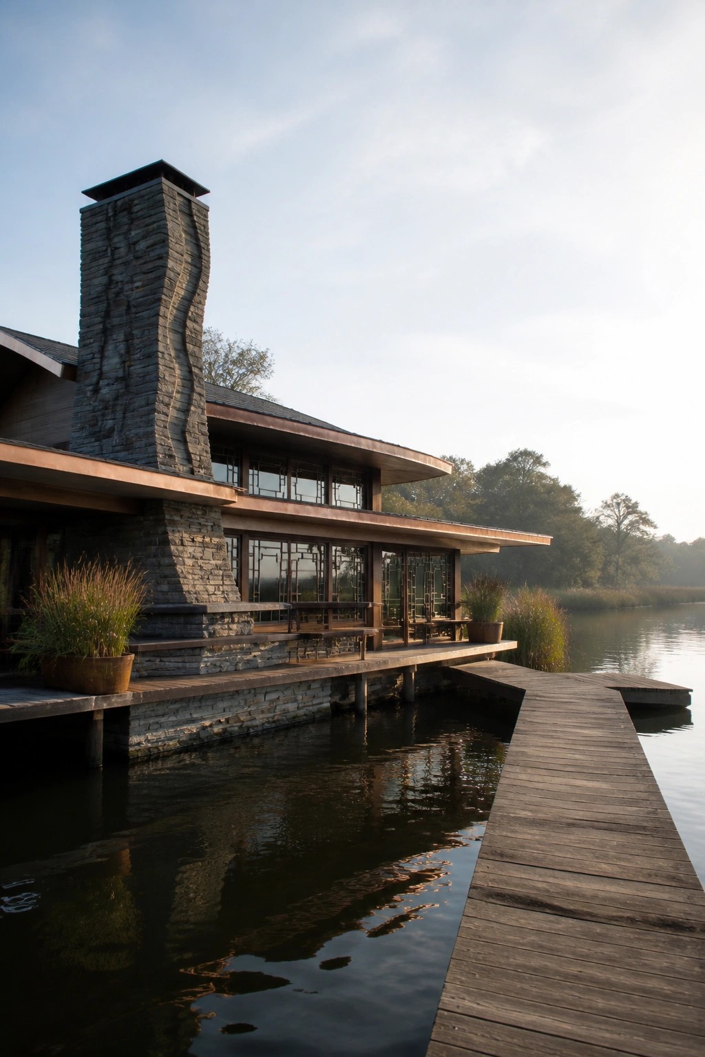 A modern house with a stone chimney and wood siding sits beside a lake, with a long wooden deck extending over the water on support posts.