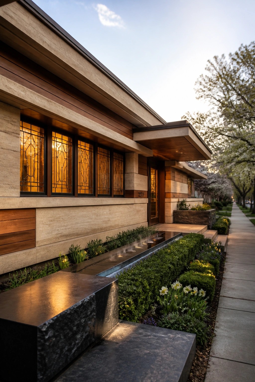 A low-slung stone and wood house exterior with a row of illuminated leaded windows, a dark metal water feature, and dense garden beds along the front walkway.