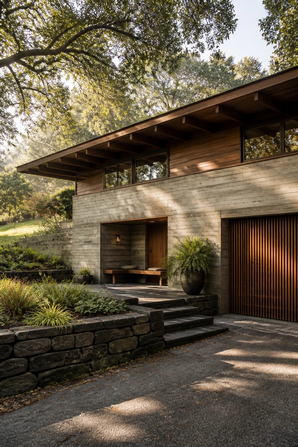 A concrete and wood house exterior with a wide overhanging roof, recessed wooden entry door, stone steps, and surrounding landscaping.