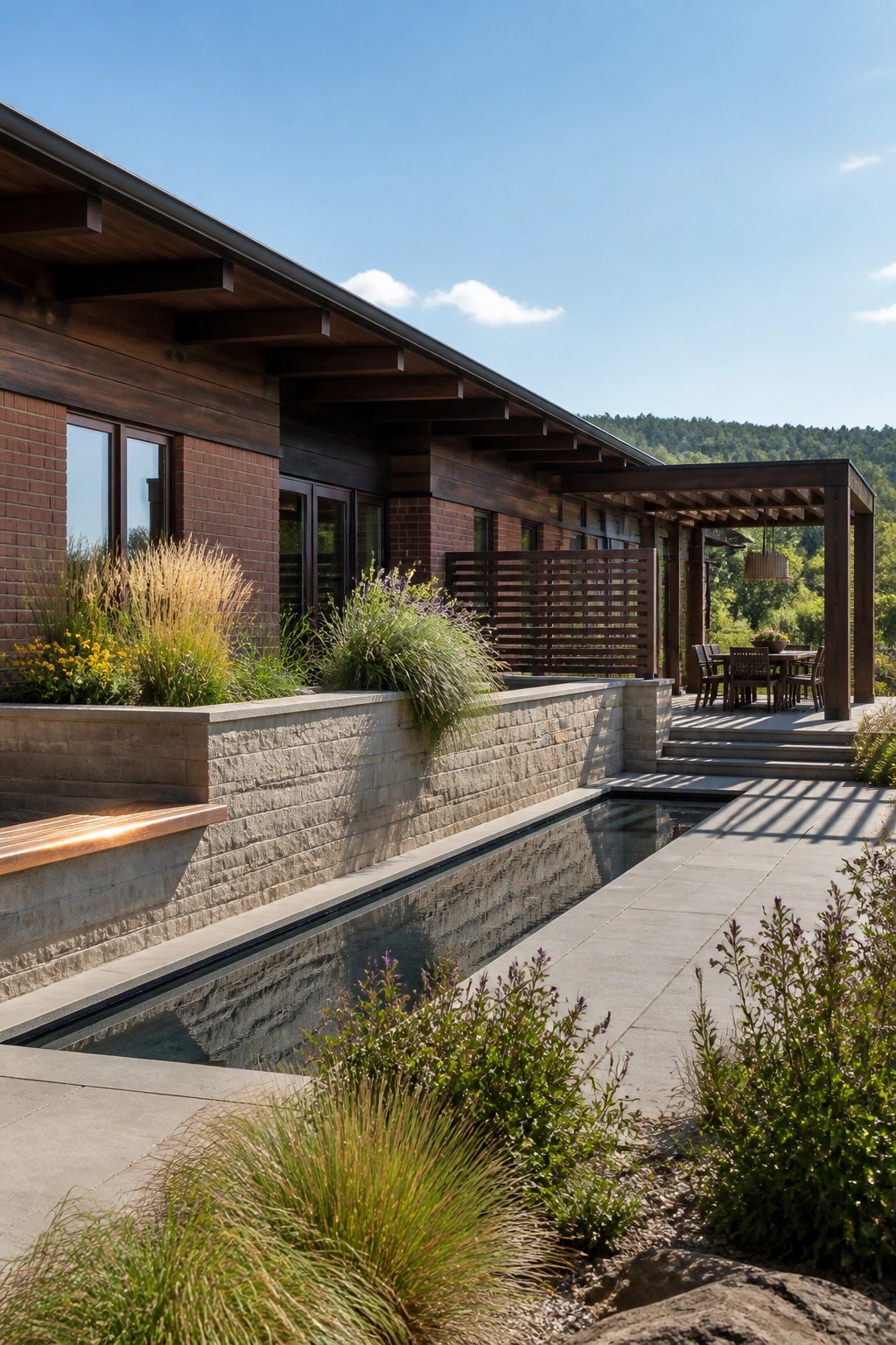 A low-slung modern house with dark wood siding, brick walls, and deep roof overhangs sits beside a long reflecting pool edged with stone and grasses, with an outdoor dining area visible under a pergola.