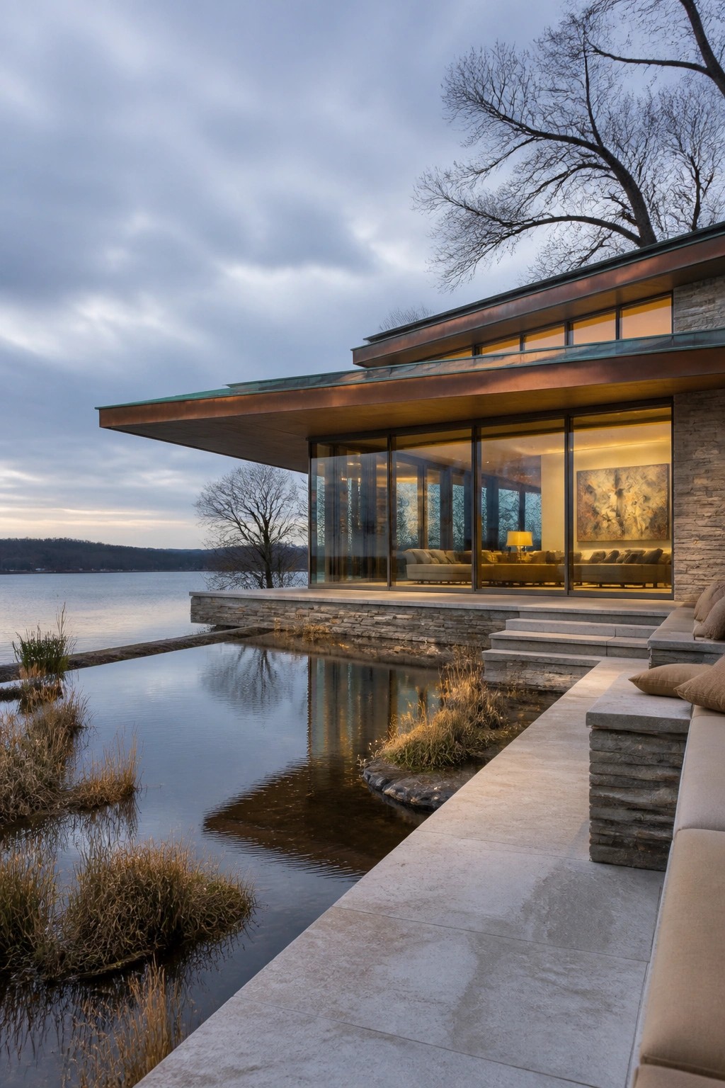 Modern glass house with stone walls beside calm lake at dusk with reflecting pool