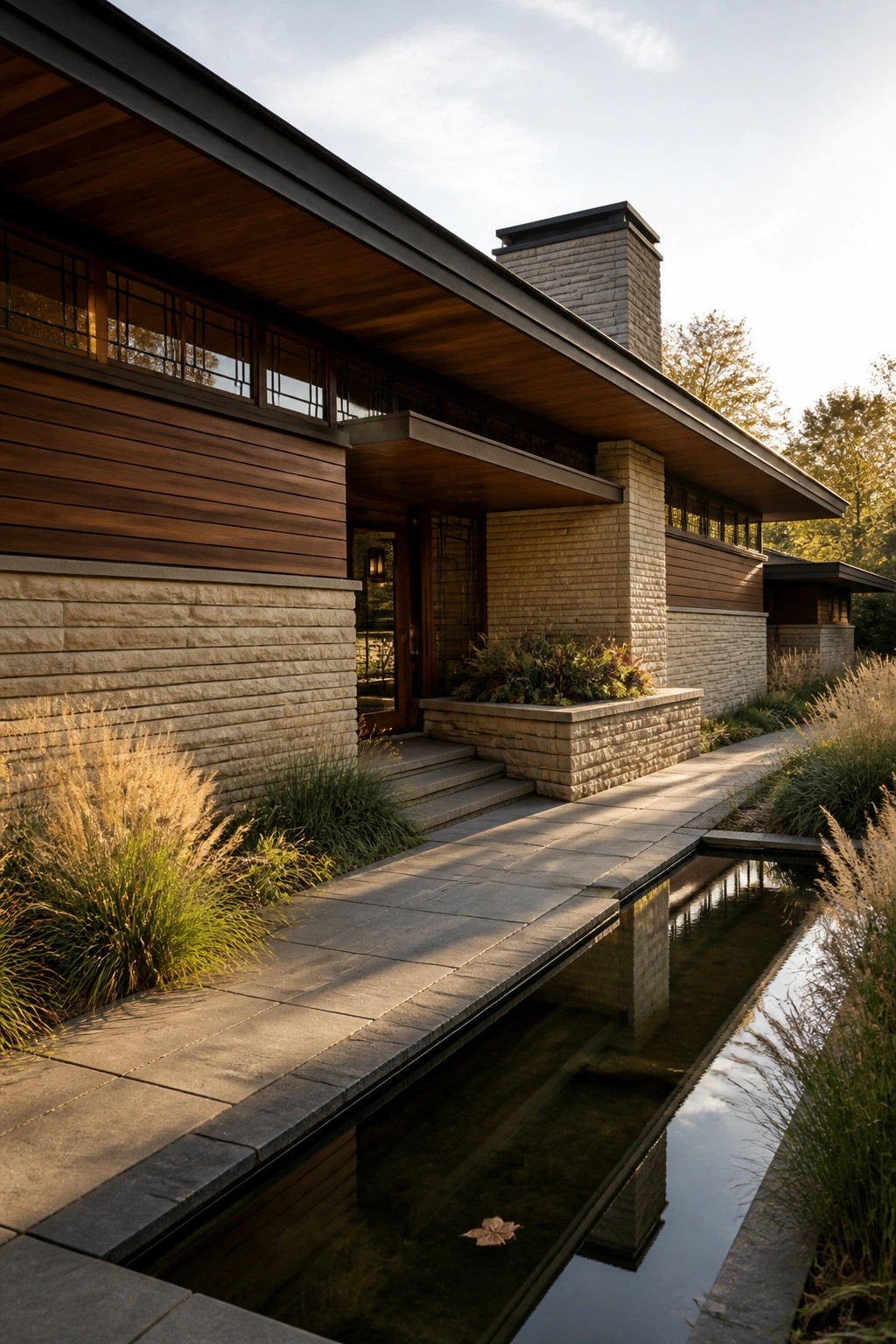 A low-slung modern house with horizontal wood siding, stacked stone walls, a wide overhanging roof, and a narrow reflecting pool running along the front walkway.