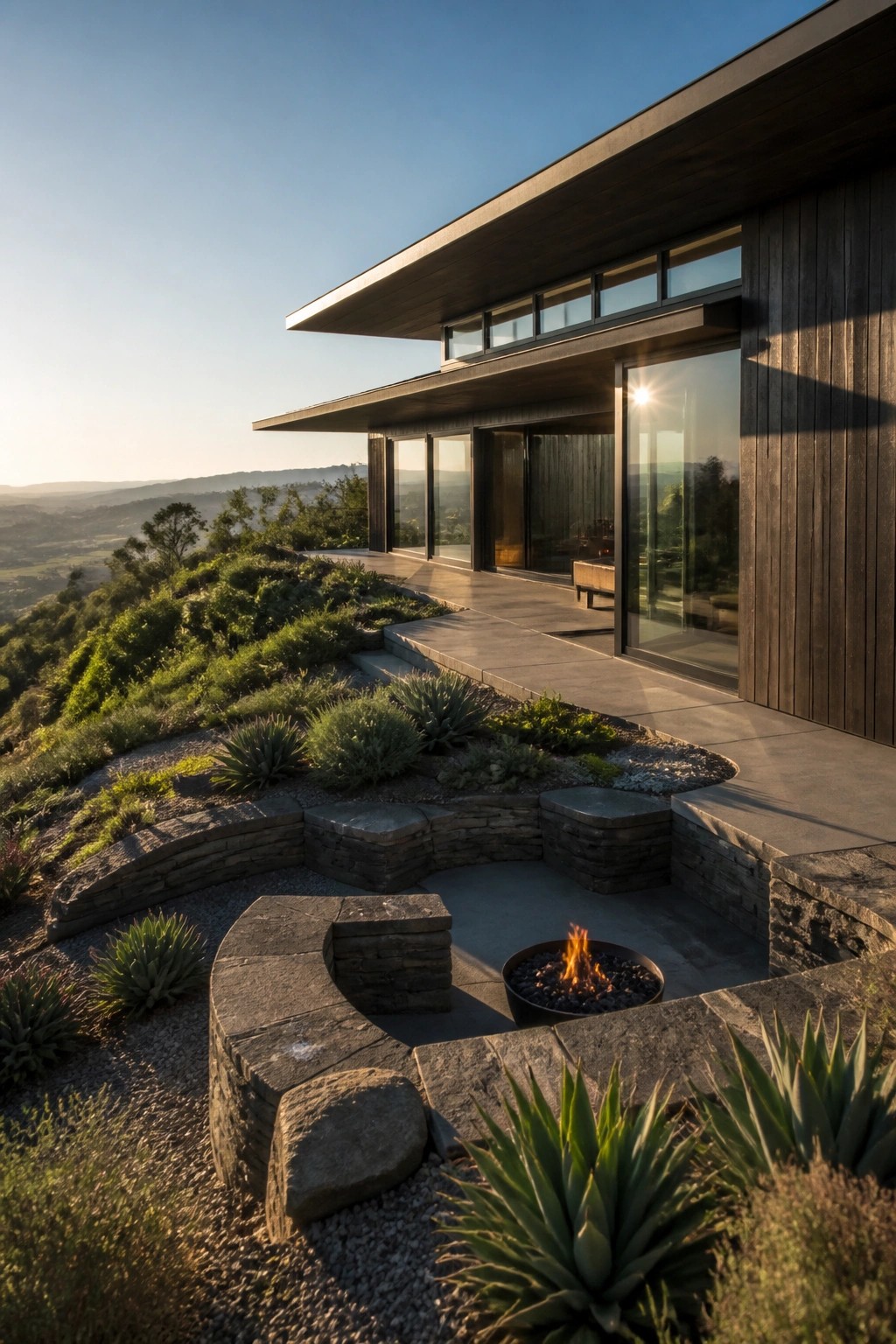A modern dark wood house with a wide cantilevered roof sits on a hillside above a stone fire pit and native plant beds.