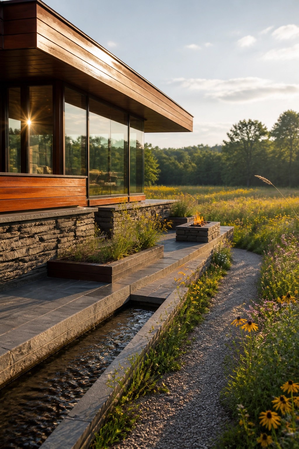 Modern wooden house with glass windows beside wildflower meadow, stone fire pit, and stream.